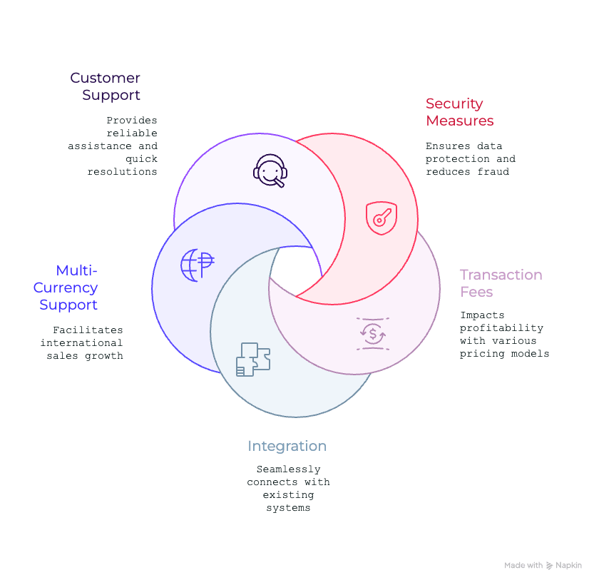 Circular Venn-style graphic showing five key features: customer support, security, transaction fees, integration, and multi-currency support.